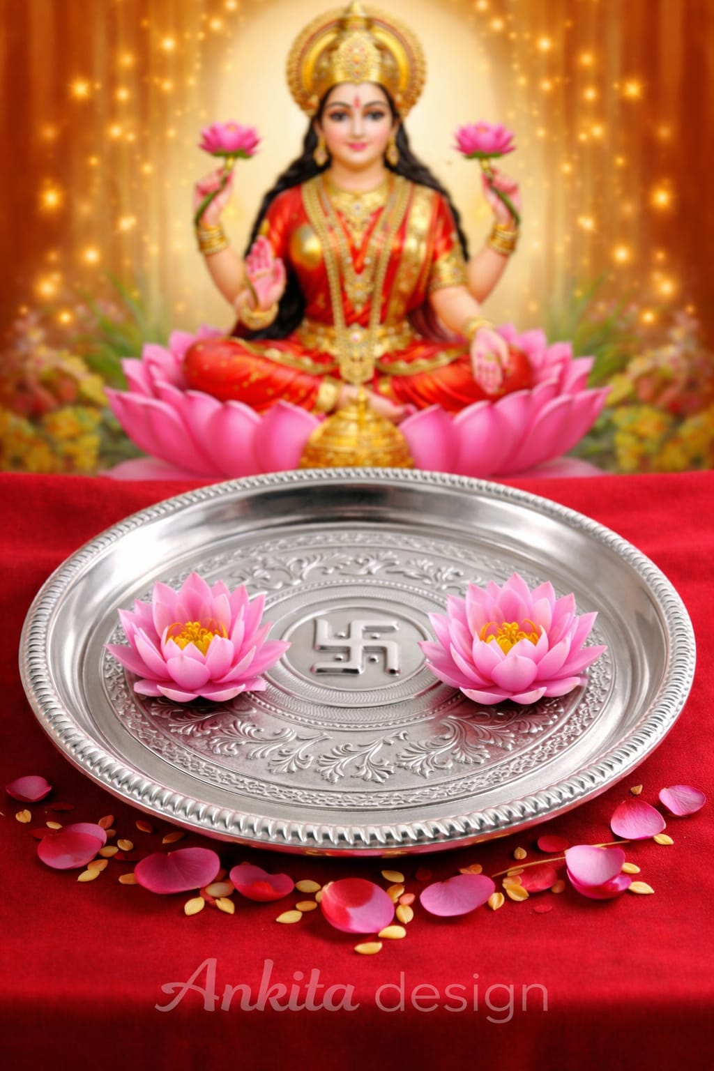 तोडा थाळी | प्रीमियम व्हाईट मेटल पूजा थाळी | चांदी फिनिश डिझायनर प्लेट मंदिर आणि आरतीसाठी
