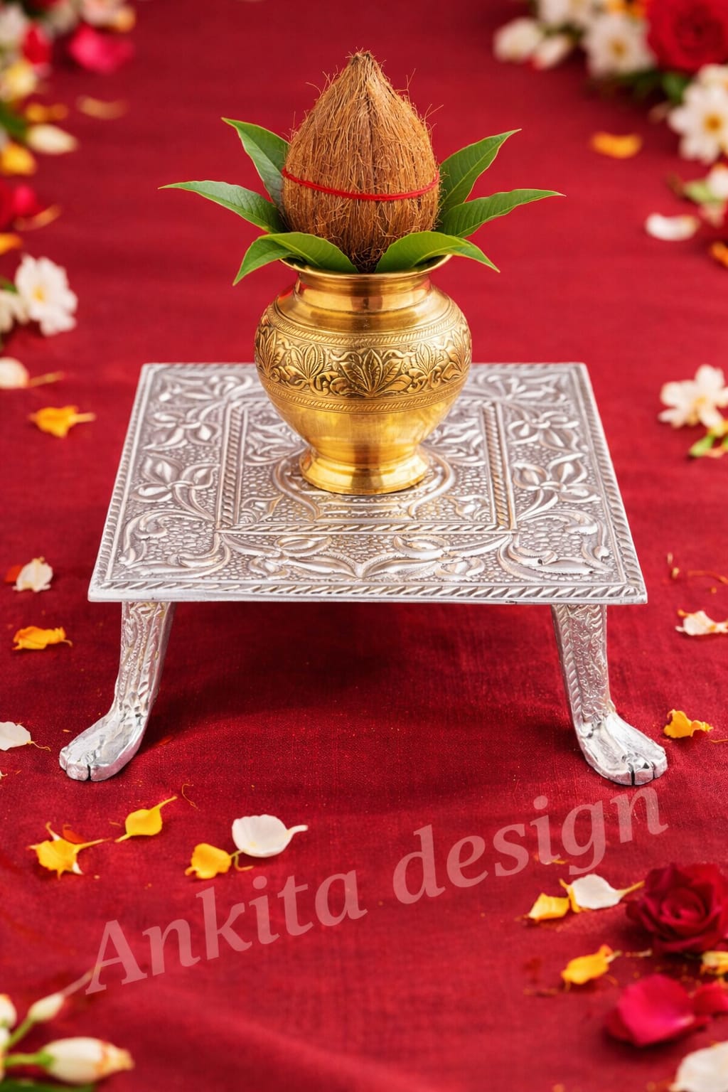 Premium White Metal Chauran | Engraved Pooja Platform for Idols & Kalash