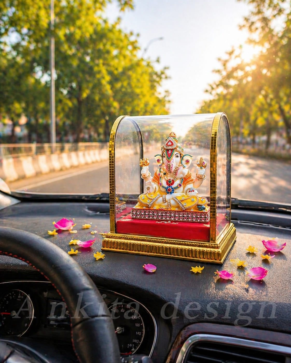 Premium Ganesh Idol with Acrylic Dome | Decorative Car Dashboard Ganpati Showpiece