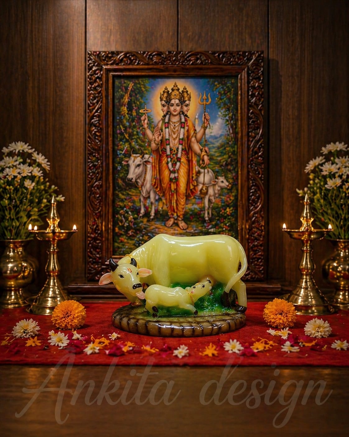 Radium Decorative Kamdhenu Cow with Calf Idol | Spiritual Cow Murti for Home Temple & Vastu Décor