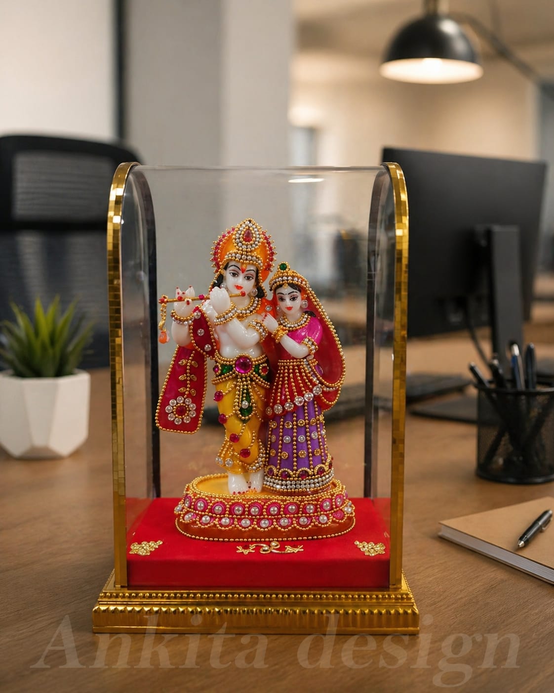 Radha Krishna Idol with Acrylic Dome | Decorative Spiritual Showpiece for Home & Office