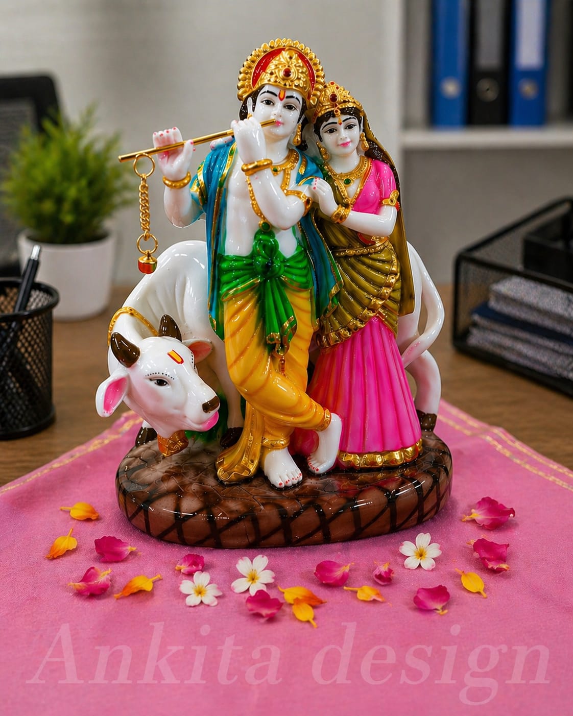 Premium Radha Krishna with Cow Idol | Decorative Spiritual Murti for Home Temple & Living Room