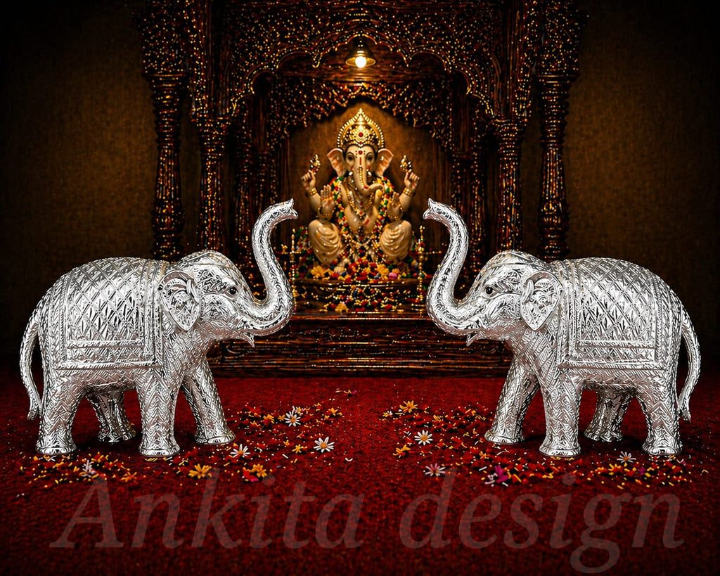 Decorative Elephant Pair Showpiece | Premium White Metal Elephant Statue for Home Décor