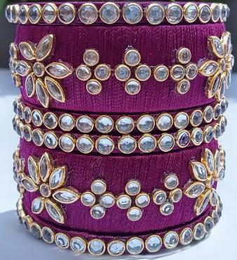 Royal Purple Silk Thread Bangle Set with Floral Stone Work