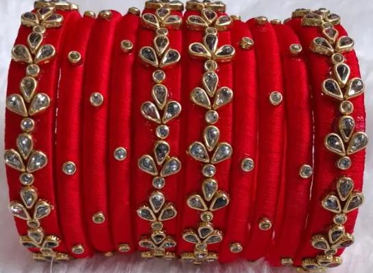 Bridal Red Silk Thread Bangle Set with Elegant Stone Work