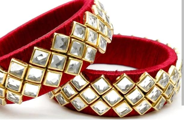 Premium Red Silk Thread Bangles with Kundan Stone Embellishment