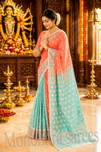 Pastel Peach Aqua Elegant Designer Saree | Soft Festive Traditional Wear