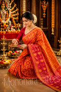 Royal Vermilion Woven Festive Saree | Elegant Traditional Temple Wear for Women