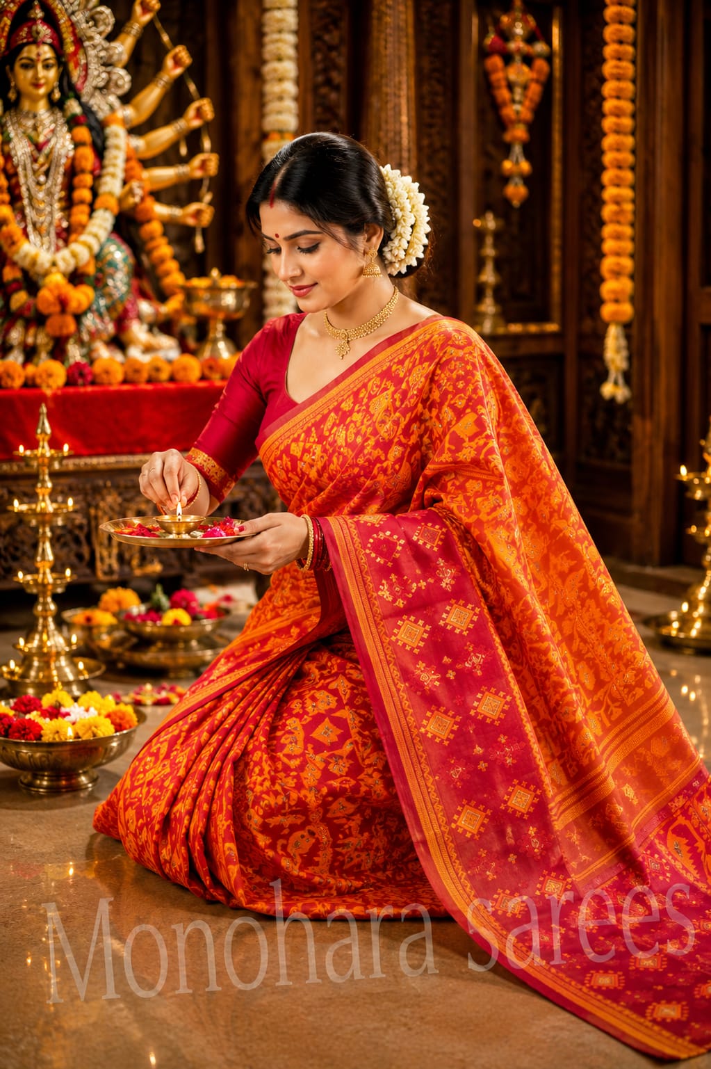 Royal Vermilion Woven Festive Saree | Elegant Traditional Temple Wear for Women