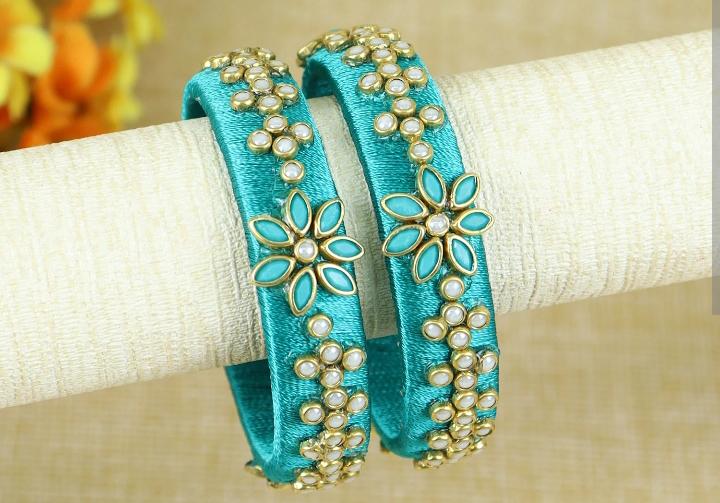 Elegant Sky Blue Silk Thread Bangles with Floral Pearl & Stone Work