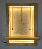 Handcrafted LED Wooden Wall Temple Shelf with Hanging Bells – Modern Pooja Décor Stand
