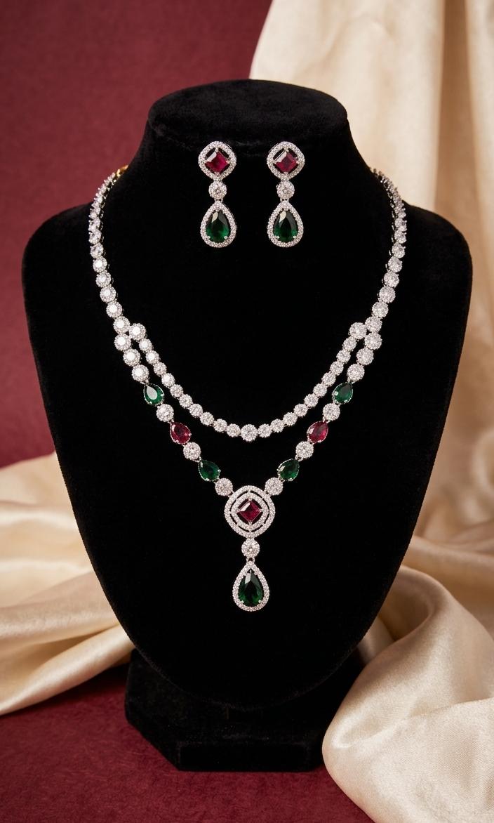 Luxury American Diamond Necklace Set with Green & Ruby Stone Design Earrings