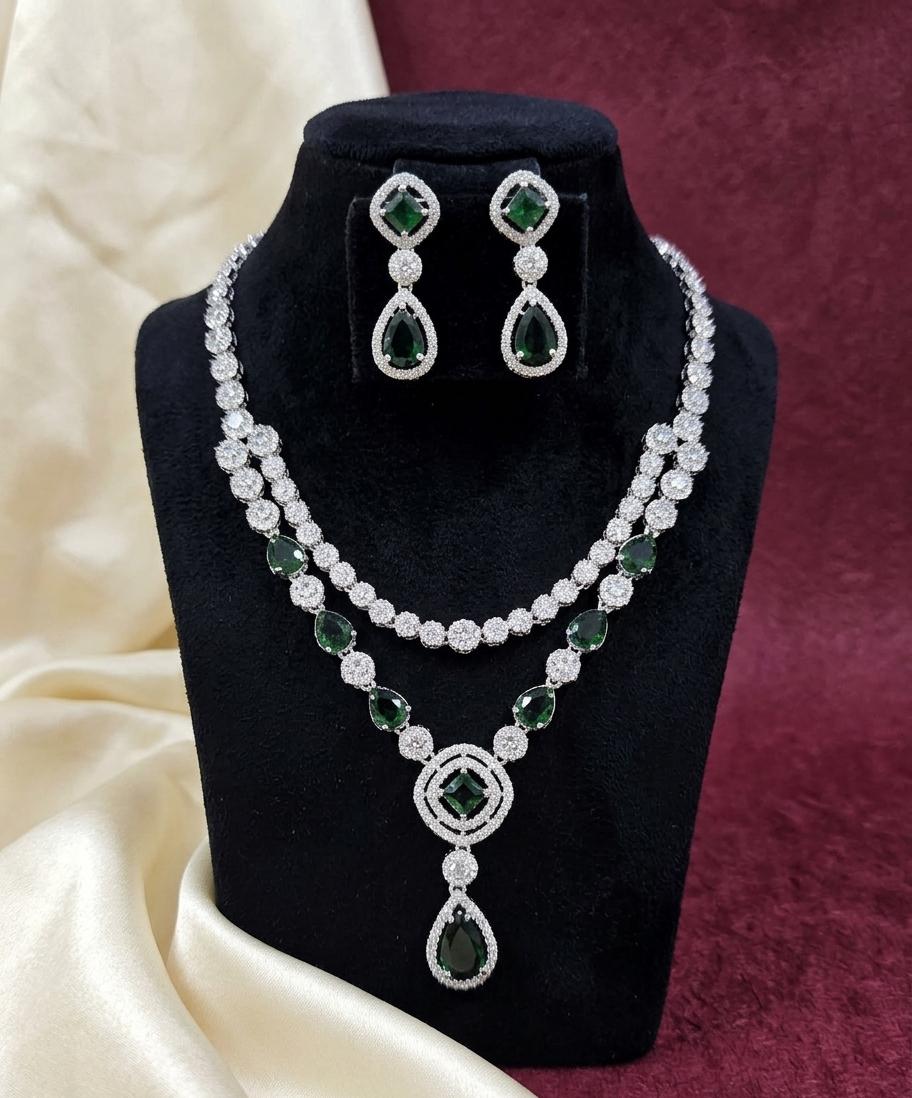 Elegant Emerald Green American Diamond Necklace Set with Matching Earrings