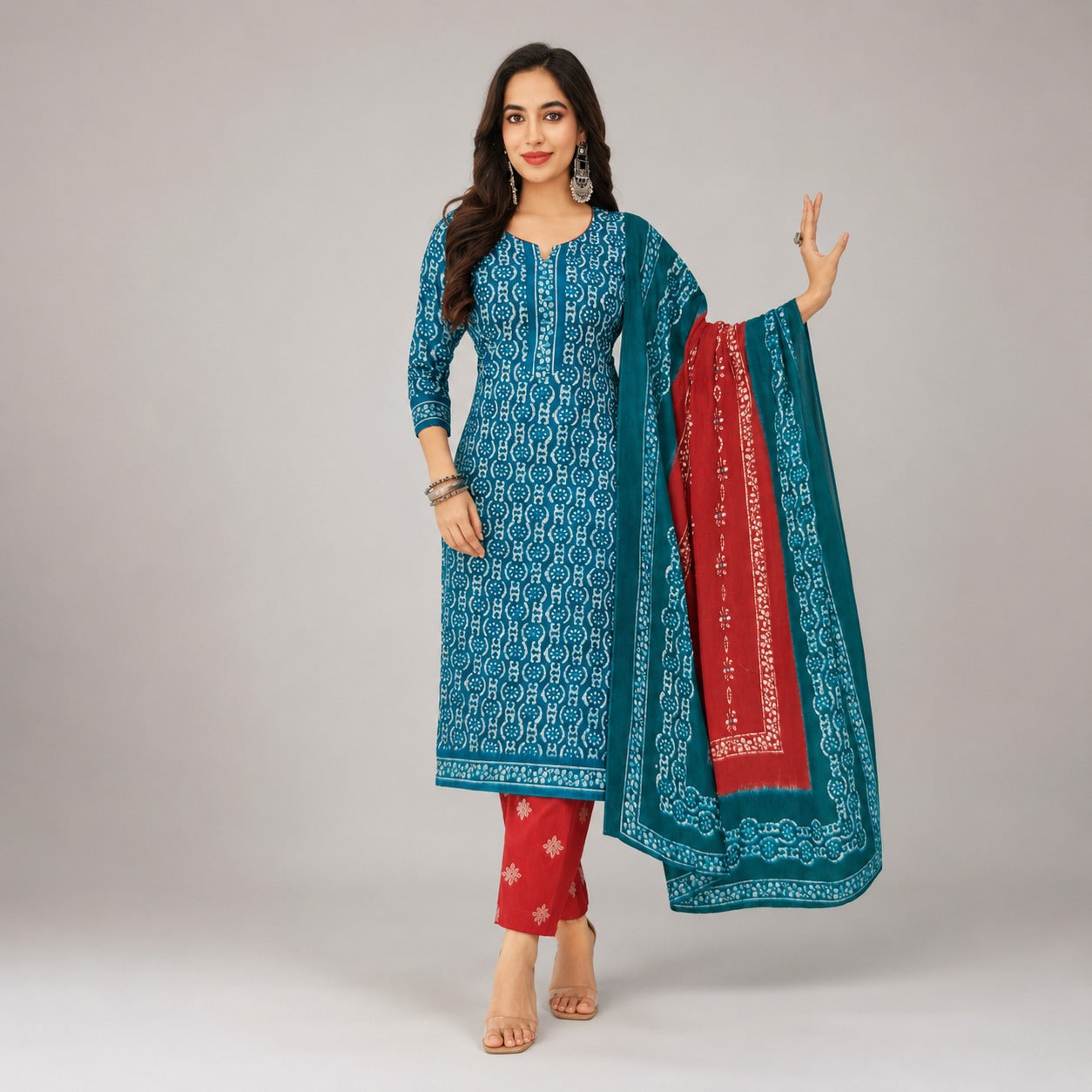 Teal Blue Printed Kurta Pant Dupatta Set | Elegant Women’s Ethnic Wear