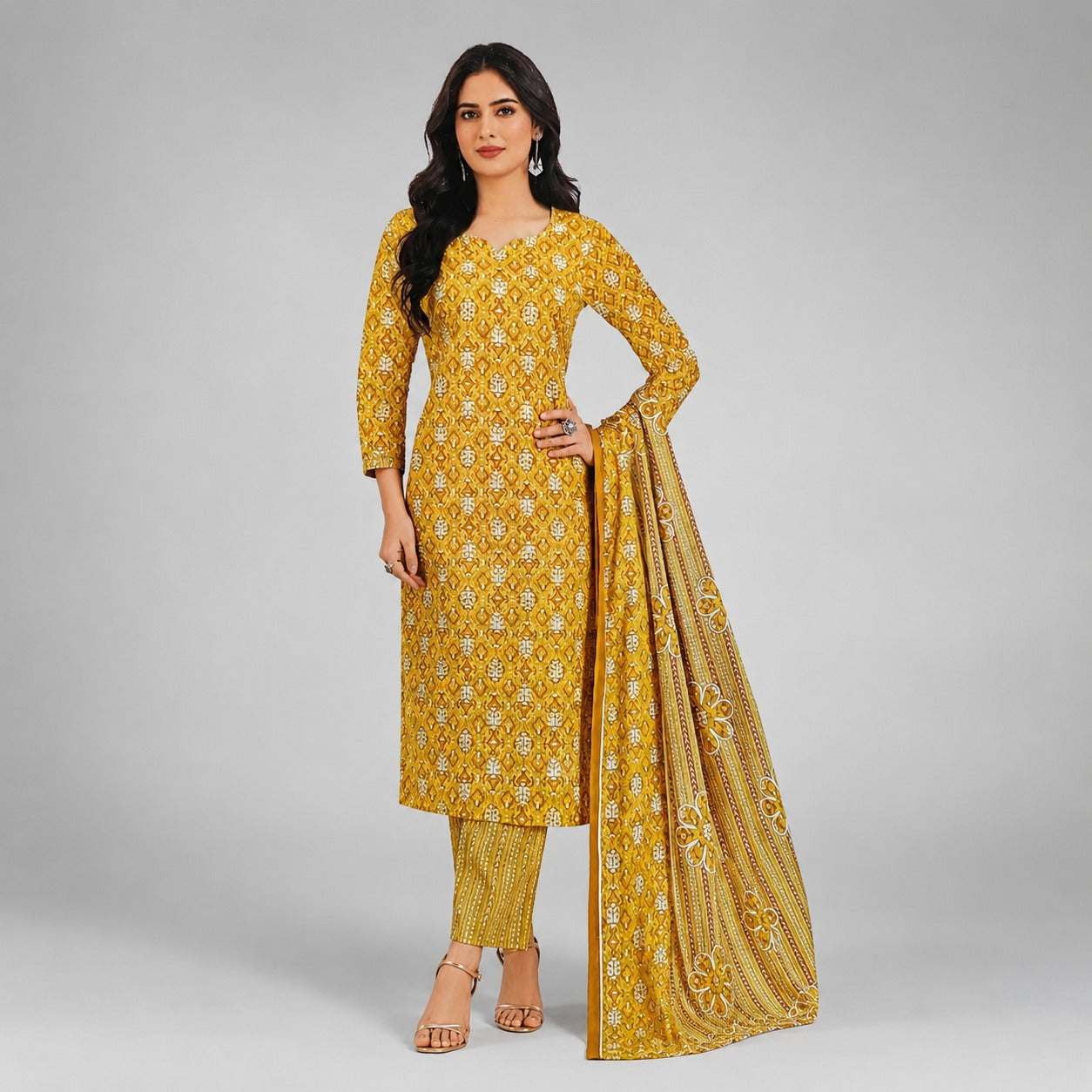 Mustard Yellow Printed Kurta Pant Dupatta Set | Stylish Traditional Women’s Ethnic Wear