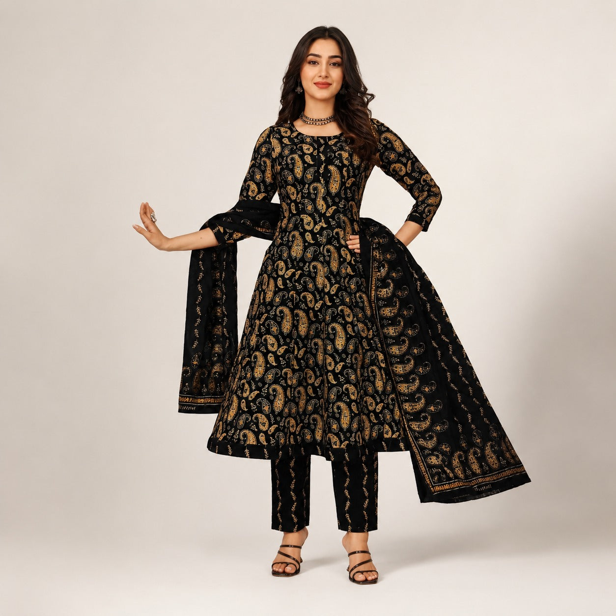 Black Paisley Printed Anarkali Kurta Pant Dupatta Set | Premium Women’s Ethnic Wear
