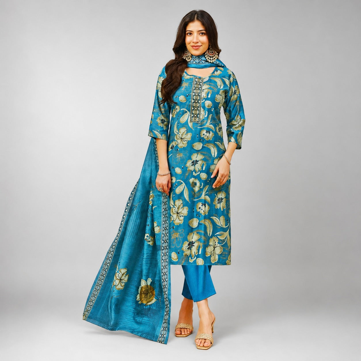 Elegant Blue Floral Printed Kurta Pant Dupatta Set | Premium Women’s Ethnic Wear