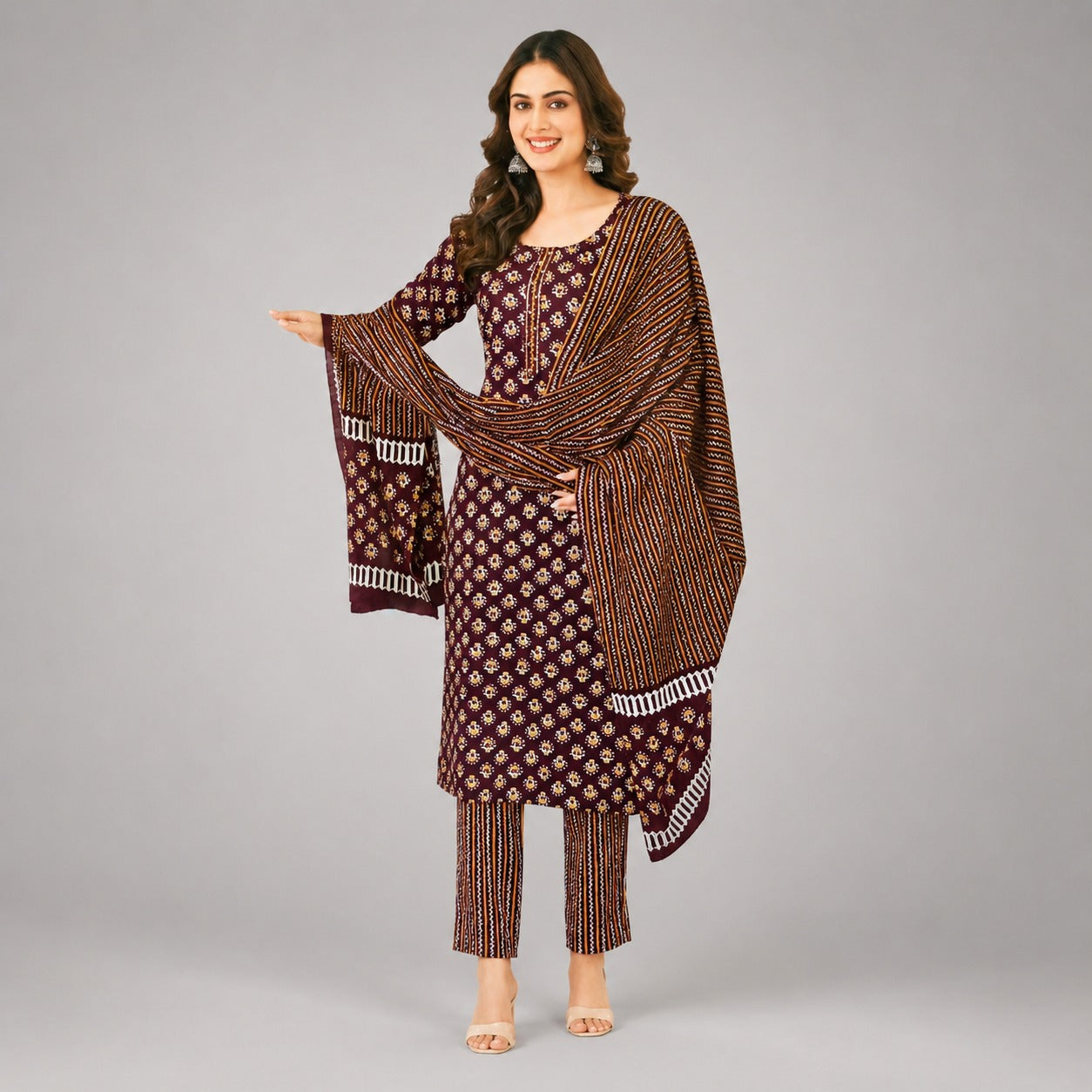 Elegant Maroon Printed Kurta Pant Dupatta Set | Stylish Women’s Ethnic Wear