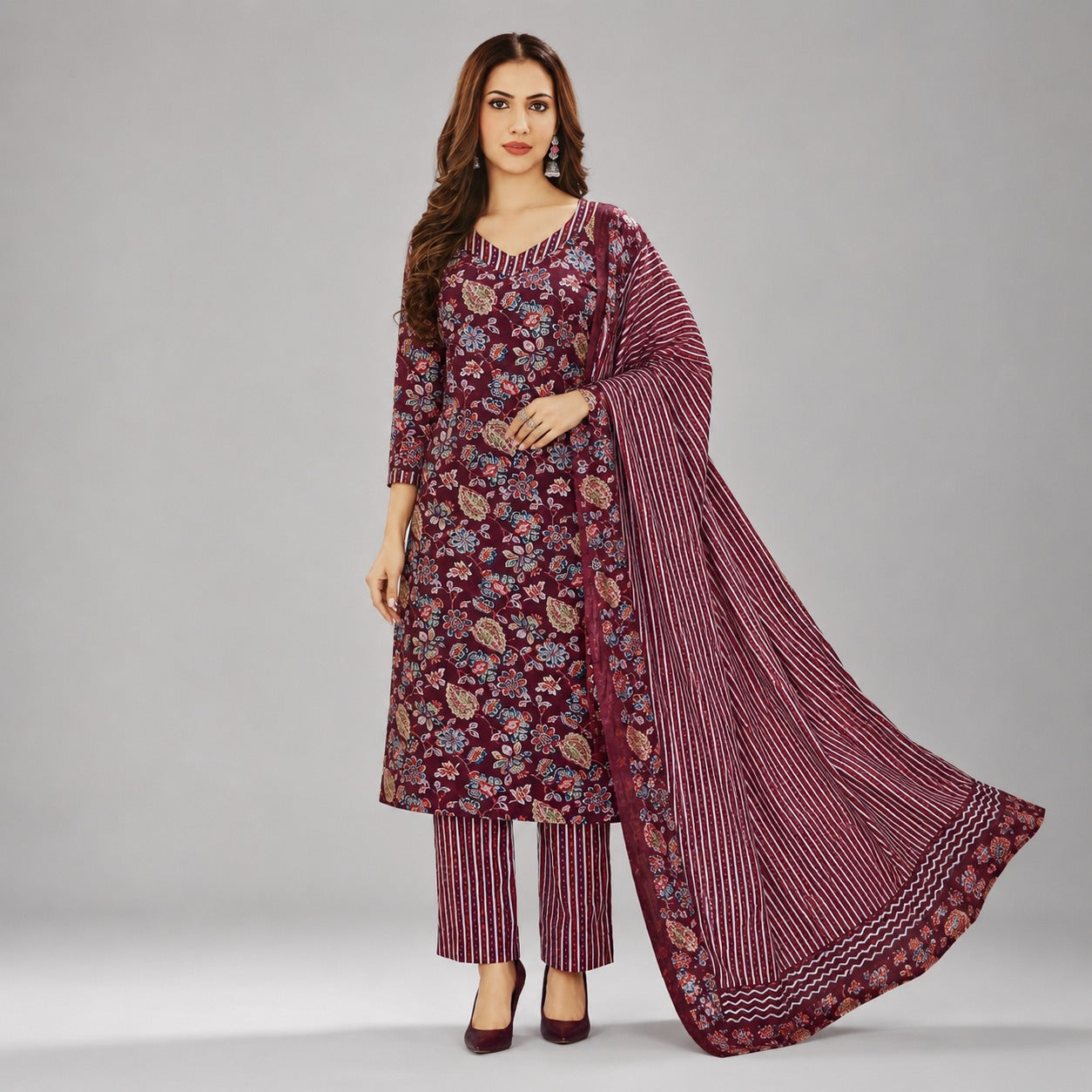 Maroon Floral Printed Kurta Pant Dupatta Set | Elegant Women’s Ethnic Wear
