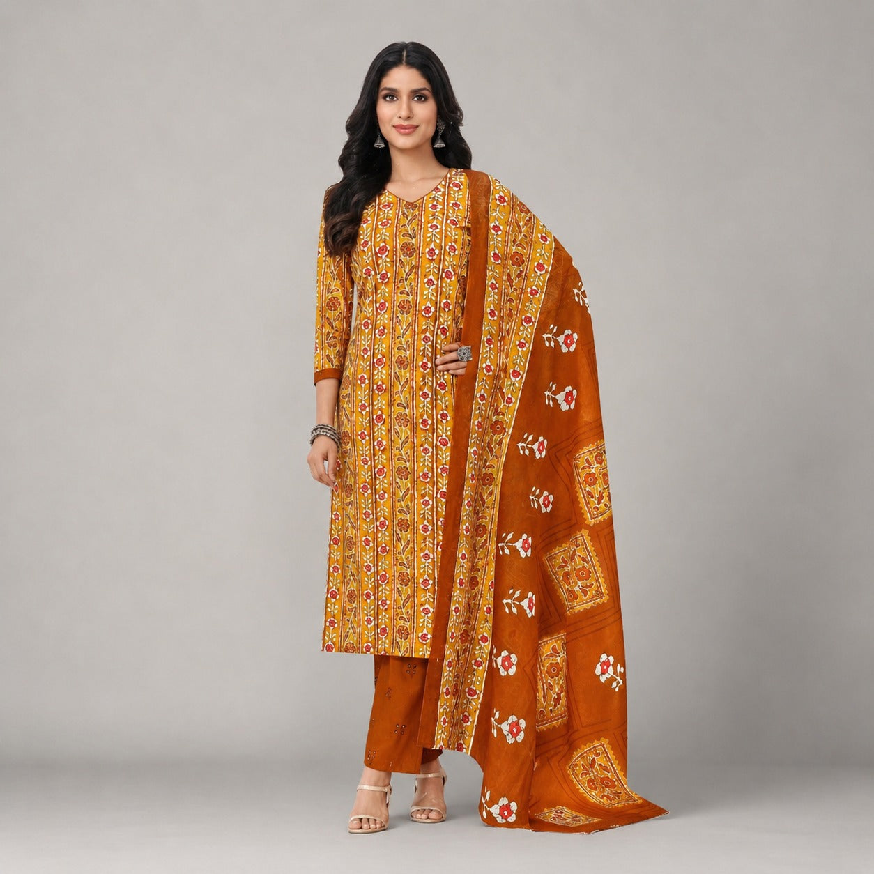 Mustard Floral Printed Kurta Pant Dupatta Set | Elegant Women’s Ethnic Wear