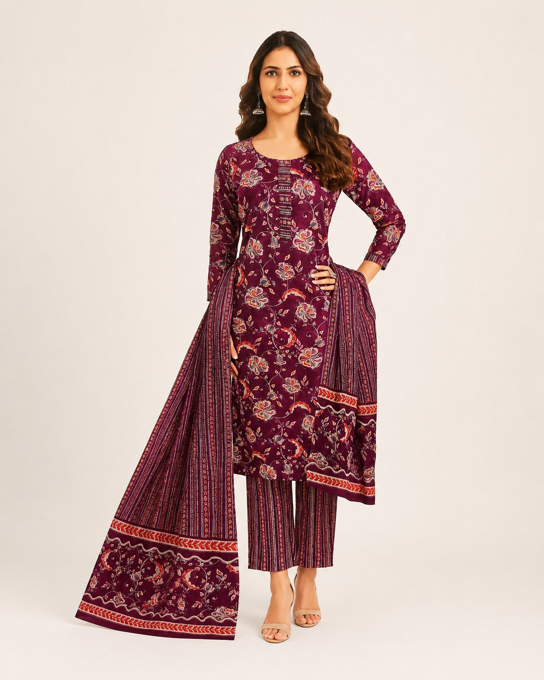 Wine Purple Floral Printed Kurta Pant Dupatta Set | Stylish Ethnic Wear for Women