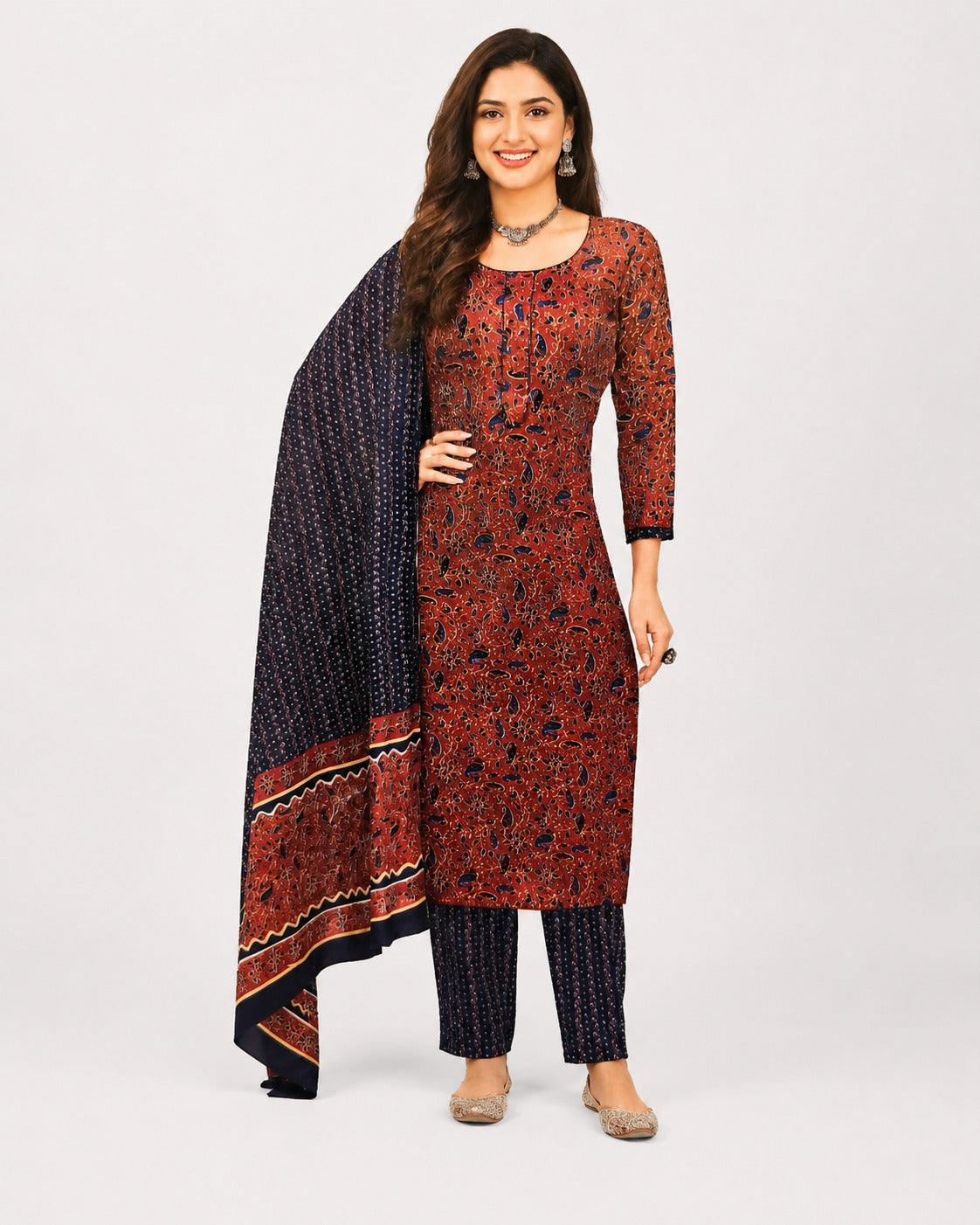 Rust Brown Printed Kurta Pant Dupatta Set for Women | Elegant Ethnic Wear Collection