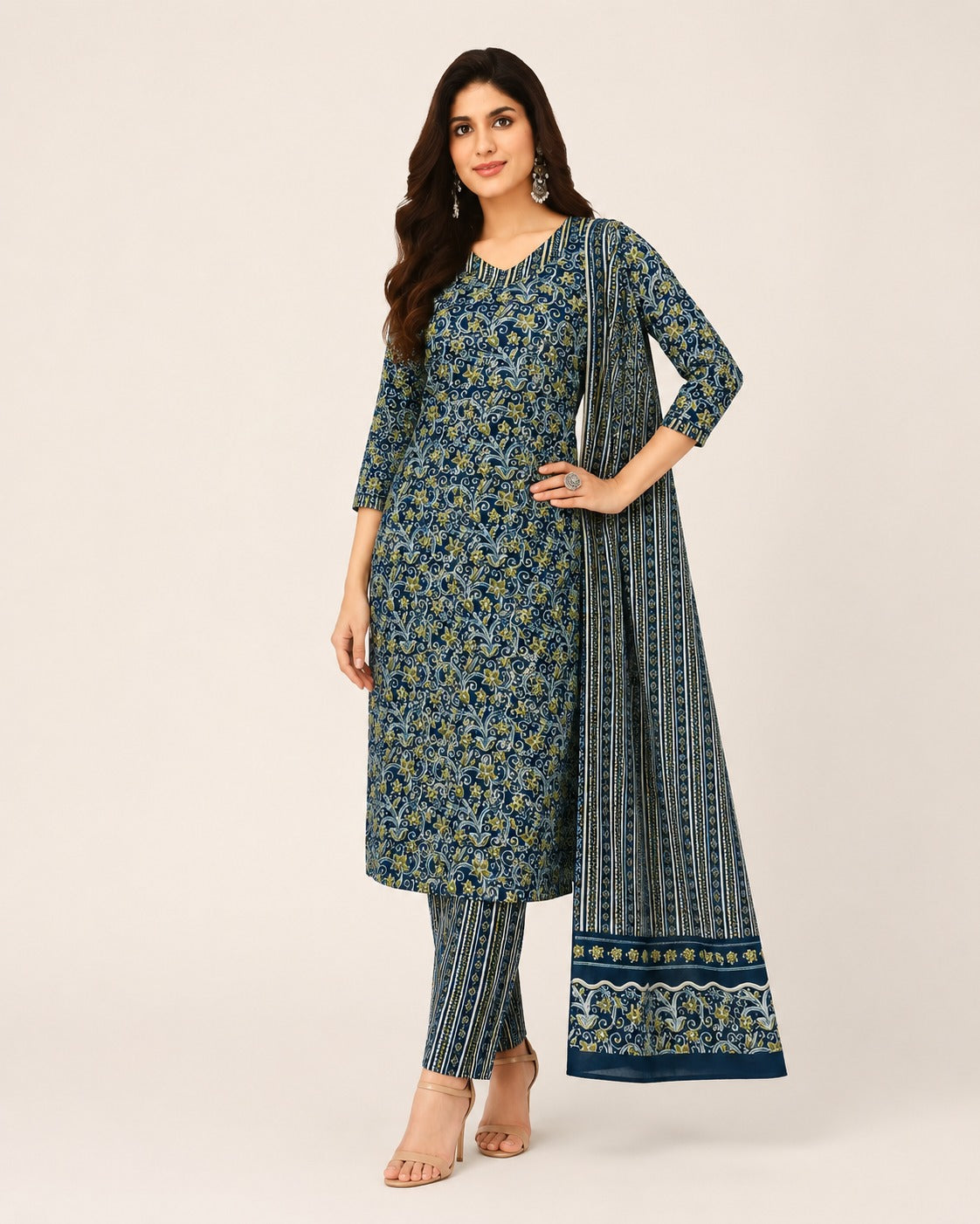 Blue Floral Printed Kurta Pant Dupatta Set for Women | Elegant Ethnic Wear
