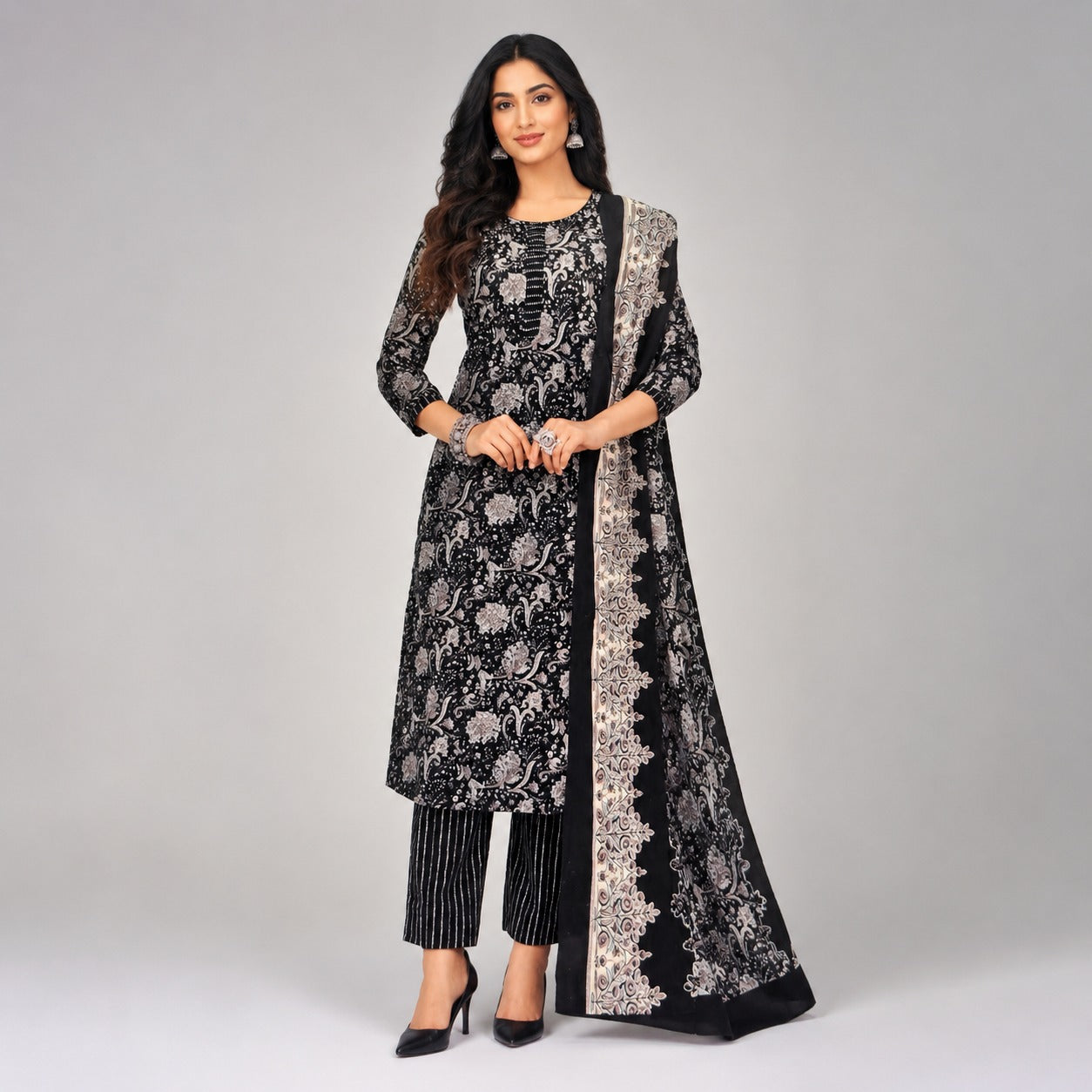 Black Designer Printed Kurta Pant Dupatta Set | Elegant Women’s Ethnic Wear