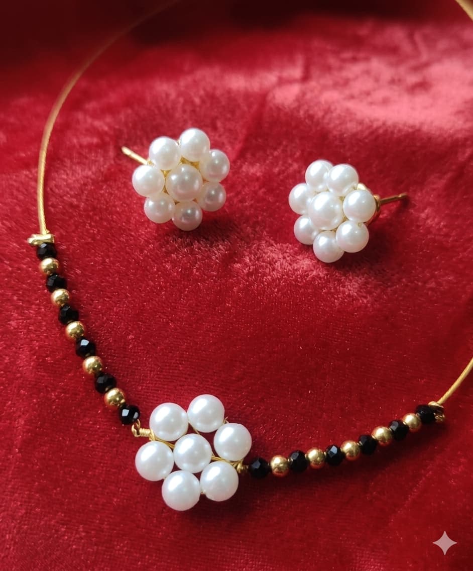 Elegant Pearl Black Beads Necklace Set with Stud Earrings | Handmade Stylish Jewellery for Women