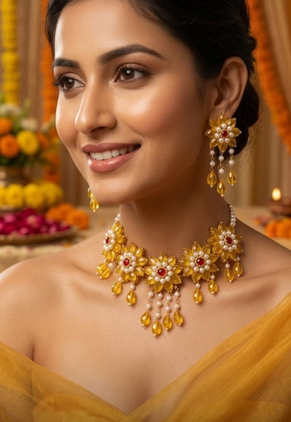 Floral Pearl & Yellow Stone Choker Set | Designer Bridal Jewellery for Women