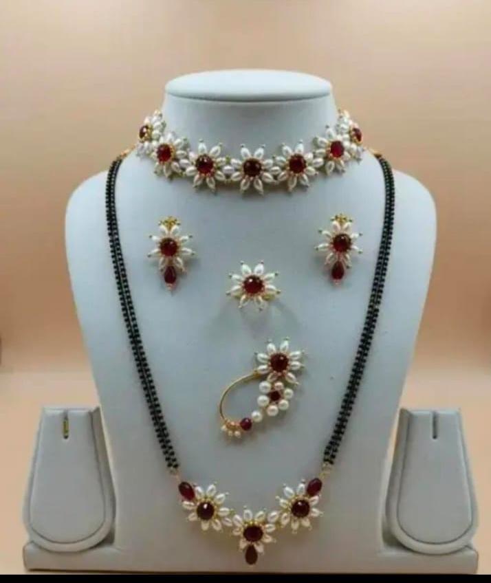 Premium Pearl & Ruby Stone Mangalsutra Jewellery Set with Choker | Bridal Designer Necklace Set for Women