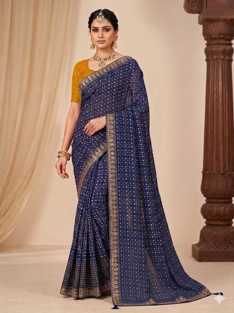 Royal Blue Designer Printed Saree with Golden Border