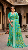 Elegant Aqua Green Designer Printed Saree with Woven Border & Tassels