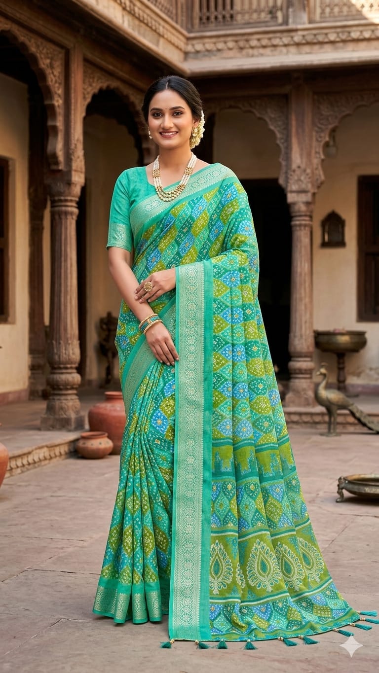 Elegant Aqua Green Designer Printed Saree with Woven Border & Tassels
