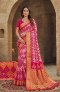 Pink Banarasi Silk Saree with Rich Golden Zari Border & Traditional Bandhani Design