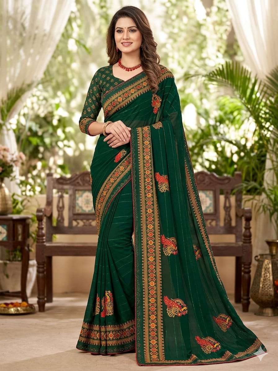 Elegant Dark Green Designer Embroidered Saree with Floral Border