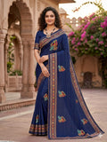 Navy Blue Designer Embroidered Saree with Peacock Motifs & Woven Border