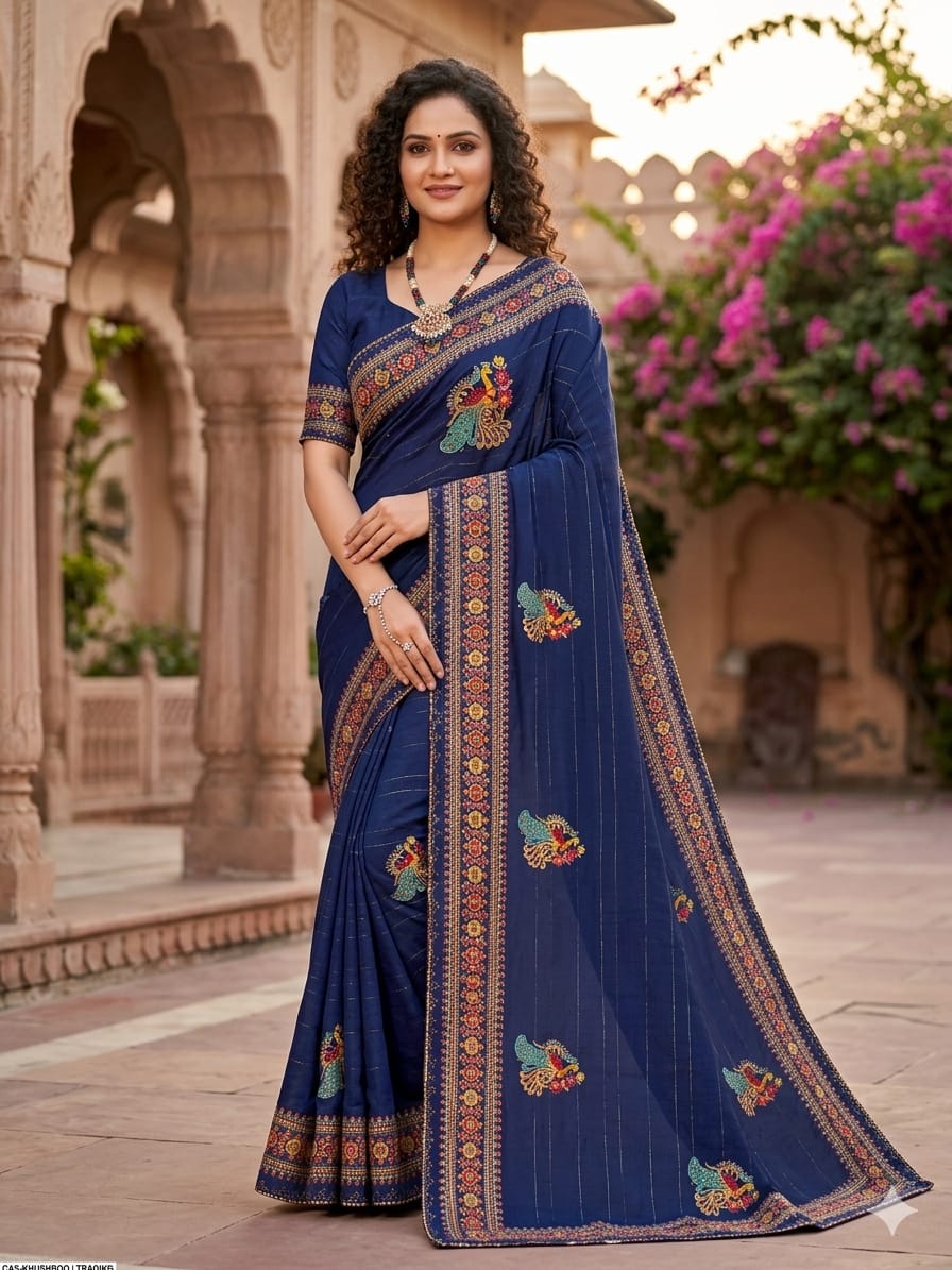 Navy Blue Designer Embroidered Saree with Peacock Motifs & Woven Border