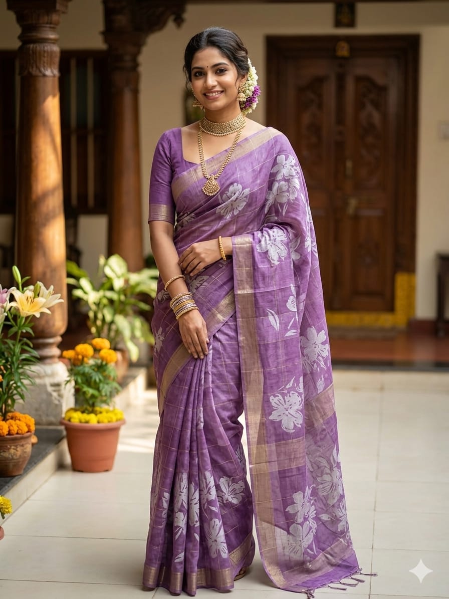 Lavender Purple Floral Linen Saree with Silver Zari Border