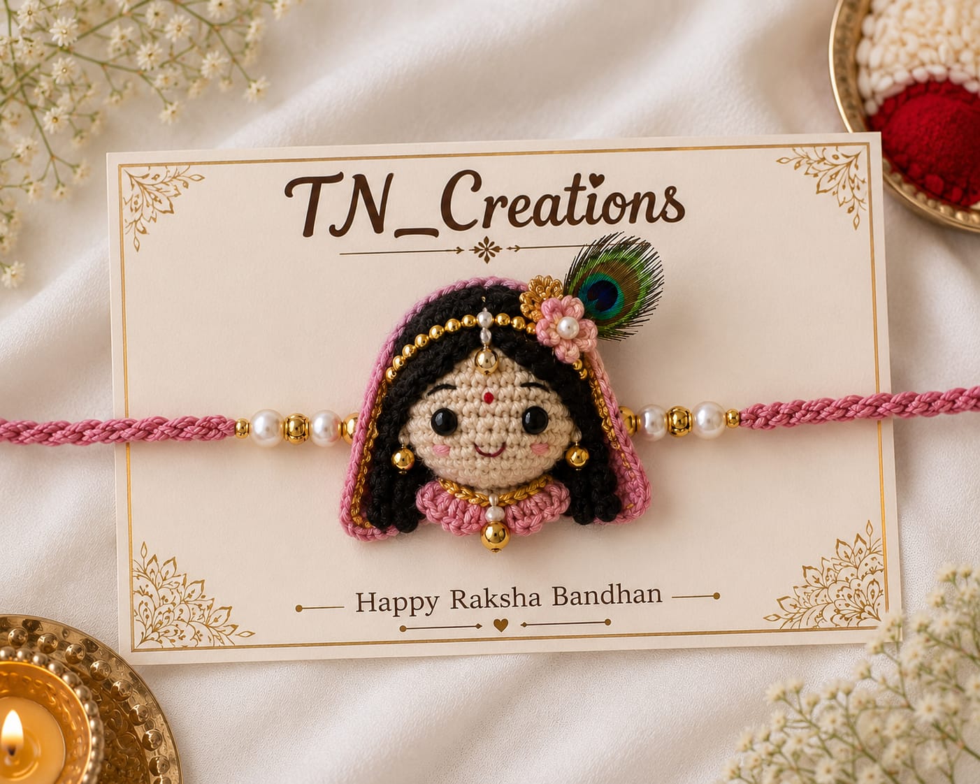 हँडमेड क्रोशे राधा राखी | Handmade Crochet Radha Rakhi | प्रीमियम डिझायनर रक्षाबंधन राखी