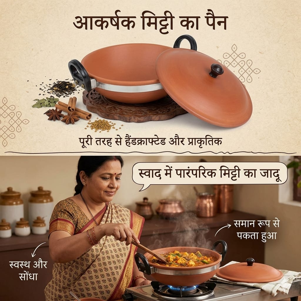 टेराकोटा पैन (मिट्टी की कड़ाही) ढक्कन सहित – सेहतमंद खाना पकाने के लिए प्राकृतिक मिट्टी के बर्तन