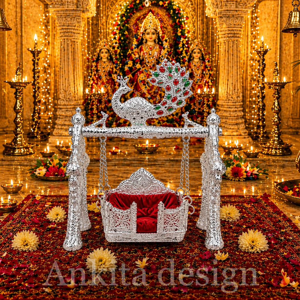 Mayur Jhula | White Metal Peacock Jhula for God Idol – Decorative Devghar Swing