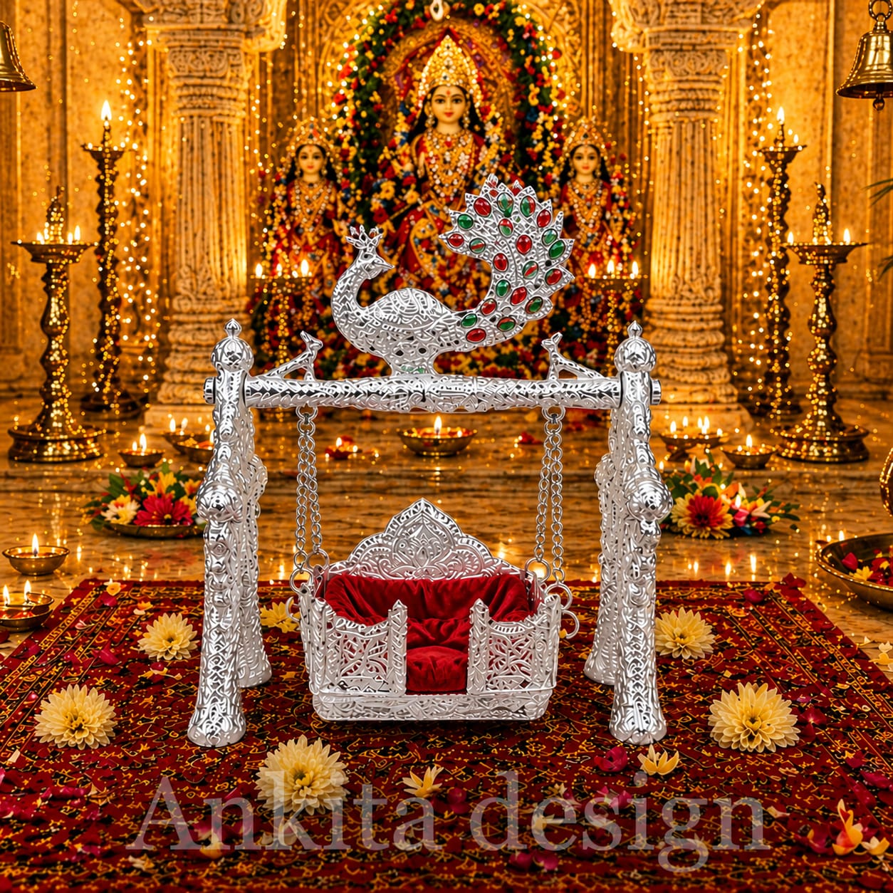 Mayur Jhula | White Metal Peacock Jhula for God Idol – Decorative Devghar Swing