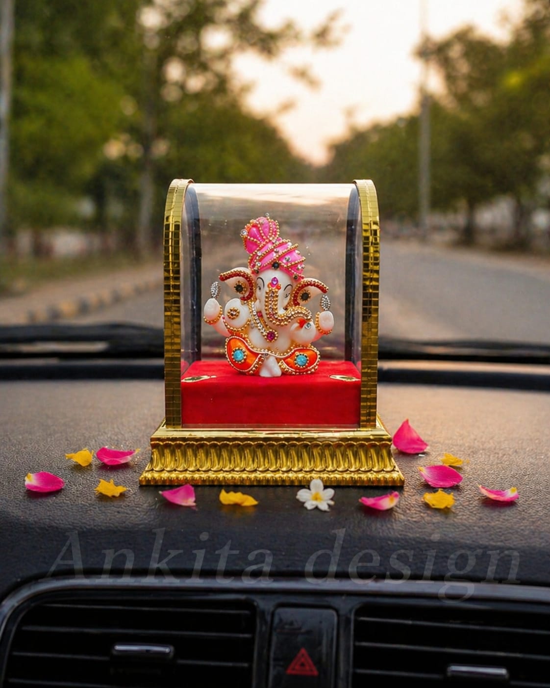 Mini Ganesh Idol with Acrylic Dome | Decorative Car Dashboard Ganpati Showpiece