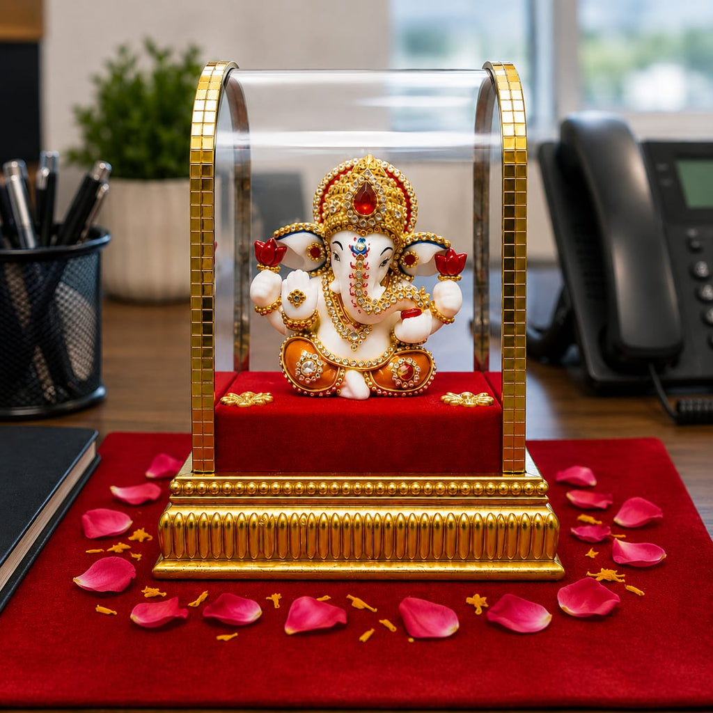 Mini Ganesh Idol with Acrylic Dome | Decorative Ganpati Showpiece for Home & Office