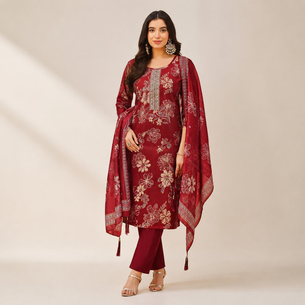 Wine Red Floral Printed Kurta Pant Dupatta Set | Elegant Women’s Ethnic Wear