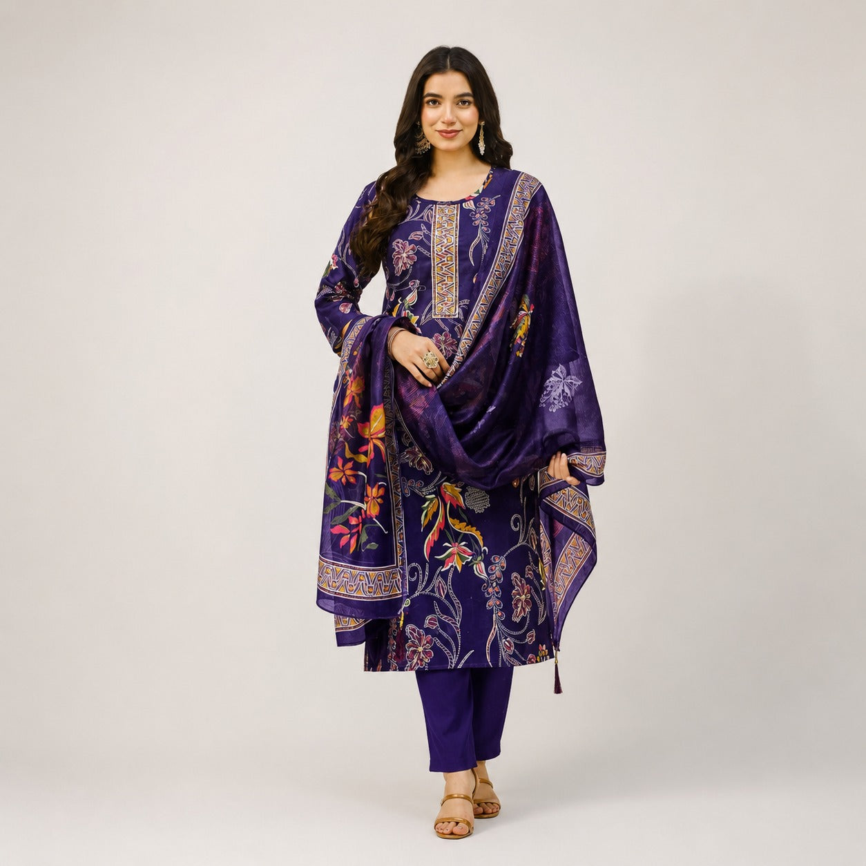Elegant Purple Floral Kurta Pant Dupatta Set | Premium Women’s Ethnic Wear
