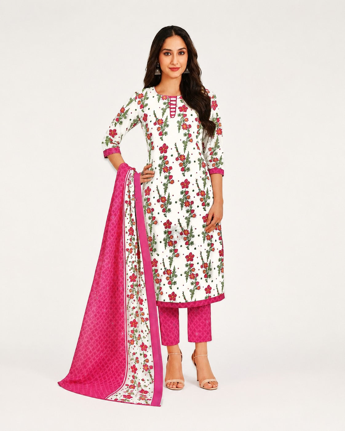 White Floral Printed Kurta Pant Dupatta Set | Elegant Pink Ethnic Wear for Women