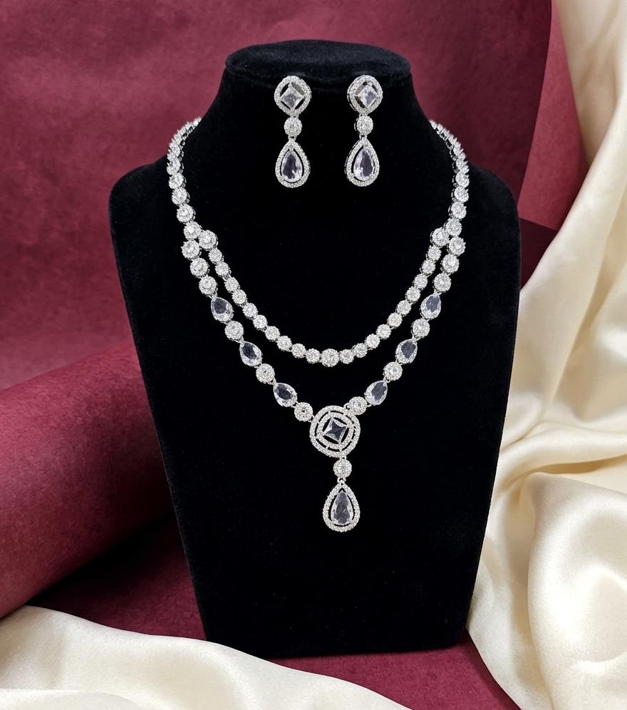 Elegant American Diamond Double Layer Necklace Set with Matching Earrings