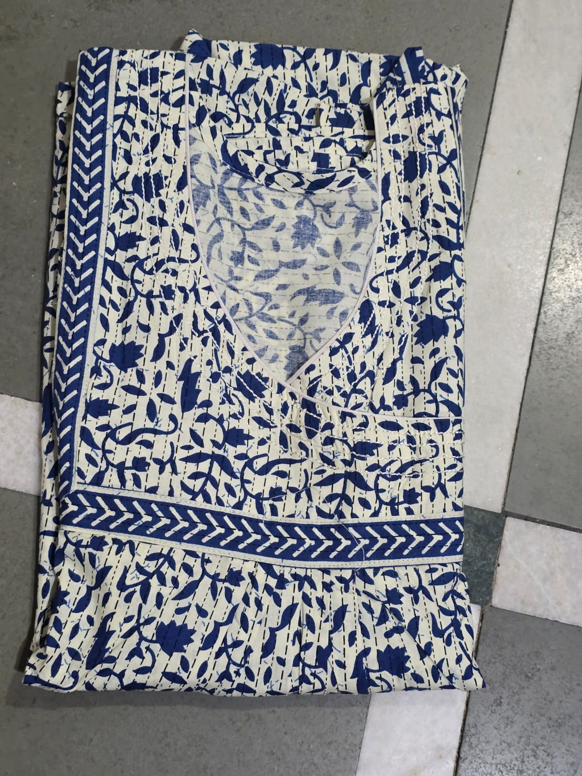 Women’s Cotton Nighty – Blue & White Abstract Print Night Gown with Designer Panel Yoke